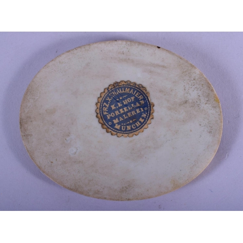 342 - AN ANTIQUE GERMAN PORCELAIN PAINTED PLAQUE within a Florentine frame. 16 cm x 10 cm.