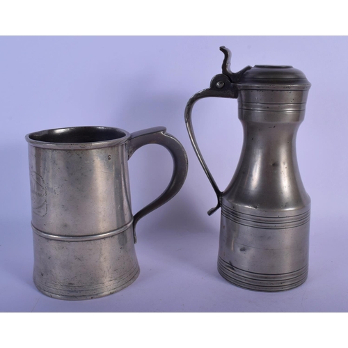 344 - A MID 19TH CENTURY PEWTER TANKARD and a tappit hen. Largest 25 cm high. (2)