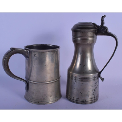 344 - A MID 19TH CENTURY PEWTER TANKARD and a tappit hen. Largest 25 cm high. (2)