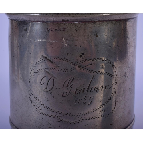 344 - A MID 19TH CENTURY PEWTER TANKARD and a tappit hen. Largest 25 cm high. (2)