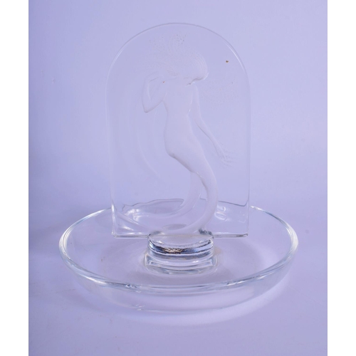 36 - A LOVELY FRENCH LALIQUE GLASS WATER NYMPH PIN TRAY. 11 cm x 8 cm.