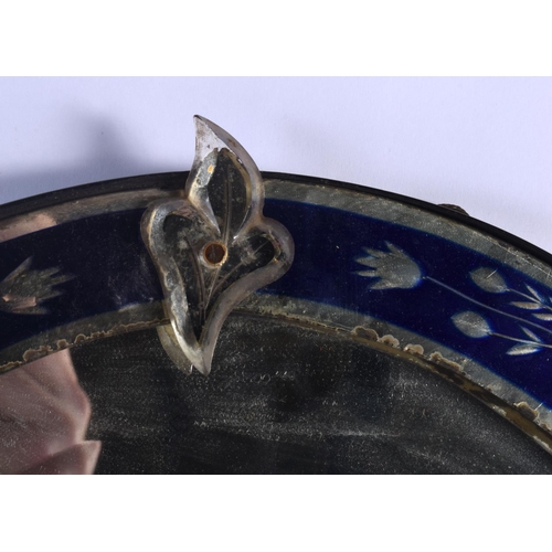 365 - A CHARMING BLUE FLASH AND CLEAR GLASS BOHEMIAN STYLE MIRROR decorated with foliage. 56 cm x 42 cm.