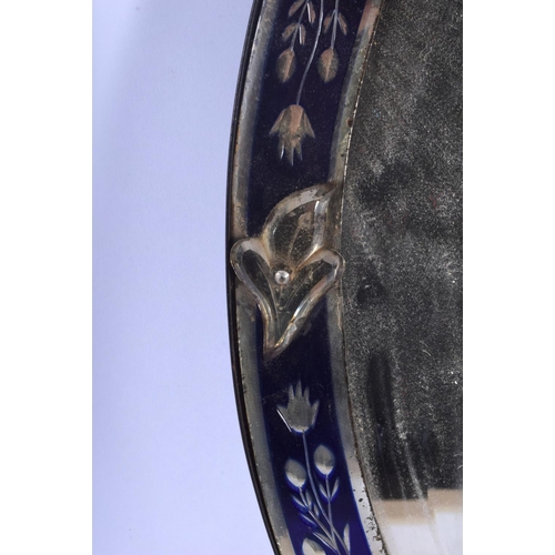 365 - A CHARMING BLUE FLASH AND CLEAR GLASS BOHEMIAN STYLE MIRROR decorated with foliage. 56 cm x 42 cm.