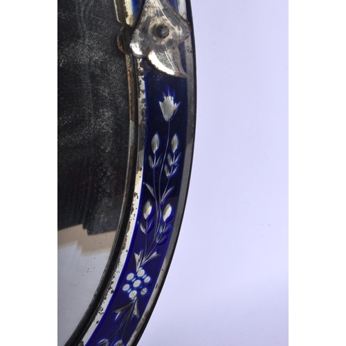 365 - A CHARMING BLUE FLASH AND CLEAR GLASS BOHEMIAN STYLE MIRROR decorated with foliage. 56 cm x 42 cm.