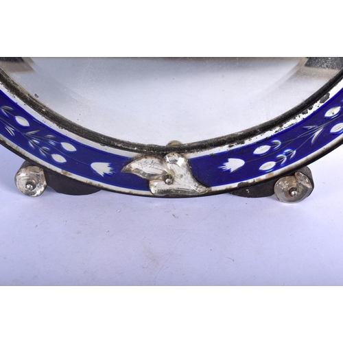 365 - A CHARMING BLUE FLASH AND CLEAR GLASS BOHEMIAN STYLE MIRROR decorated with foliage. 56 cm x 42 cm.