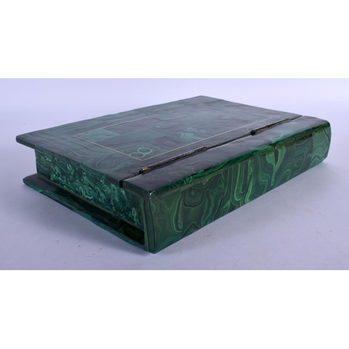 368 - A VERY RARE EARLY 20TH CENTURY CARVED MALACHITE CRYSTAL SPECIMAN BOX contained within a faux book an... 