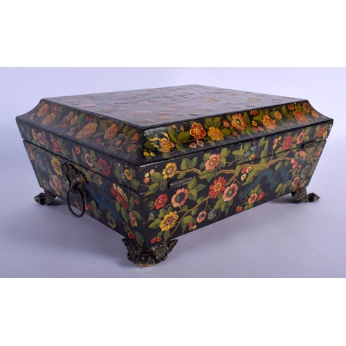 390 - AN UNUSUAL 19TH CENTURY EUROPEAN LACQUERED SQUARE FORM CASKET AND COVER overlaid with Kashmir type l... 