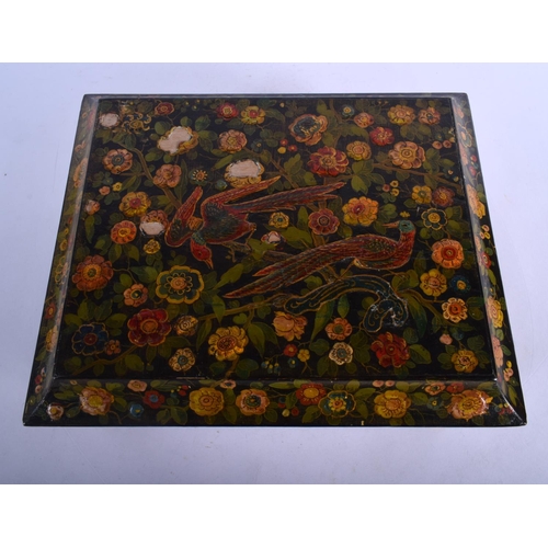 390 - AN UNUSUAL 19TH CENTURY EUROPEAN LACQUERED SQUARE FORM CASKET AND COVER overlaid with Kashmir type l... 