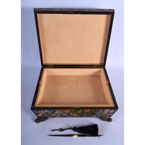390 - AN UNUSUAL 19TH CENTURY EUROPEAN LACQUERED SQUARE FORM CASKET AND COVER overlaid with Kashmir type l... 