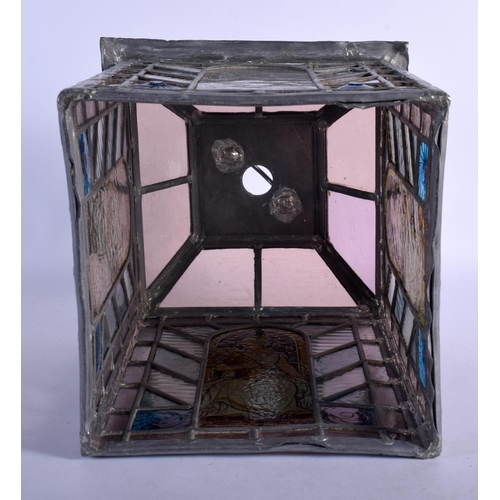 395 - A FINE ARTS AND CRAFTS ENGLISH STAINED GLASS LANTERN decorated with the four seasons. 42 cm x 24 cm.