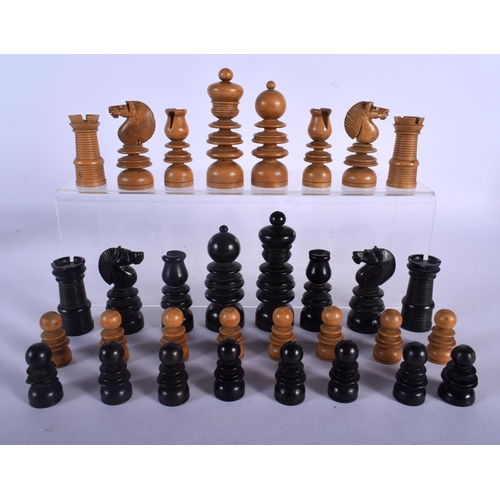 396 - A CHARMING ANTIQUE BOXWOOD AND EBONY CHESS SET within a case, together with a folding faux leather b... 