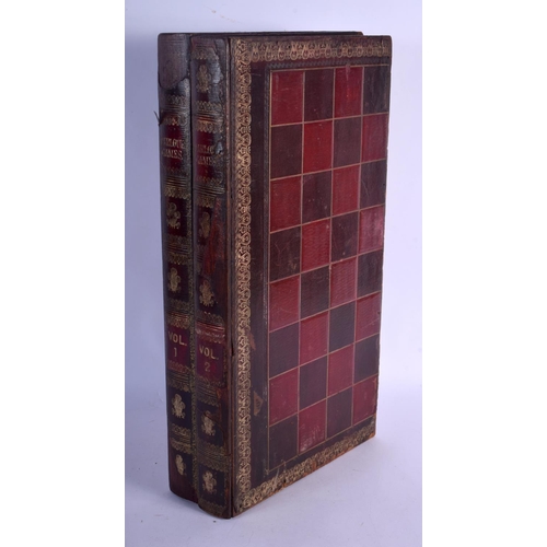 396 - A CHARMING ANTIQUE BOXWOOD AND EBONY CHESS SET within a case, together with a folding faux leather b... 