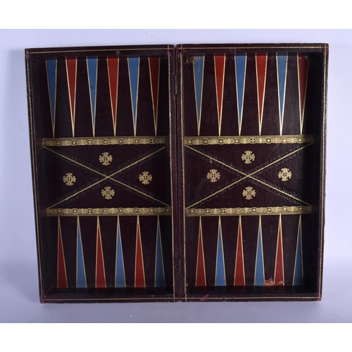 396 - A CHARMING ANTIQUE BOXWOOD AND EBONY CHESS SET within a case, together with a folding faux leather b... 