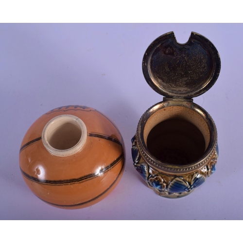 4 - A RARE ANTIQUE MACINTYRE SPORTS BALL INKWELL together with a Doulton Lambeth cruet. Largest 6.5 cm w... 