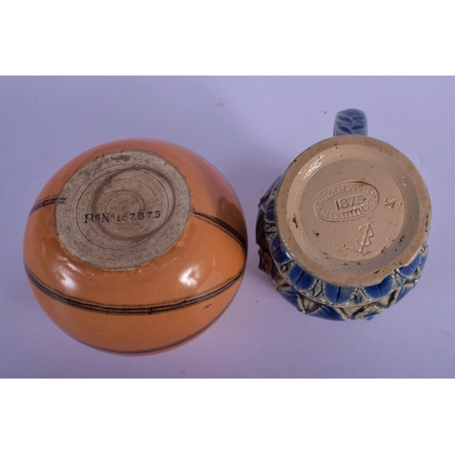 4 - A RARE ANTIQUE MACINTYRE SPORTS BALL INKWELL together with a Doulton Lambeth cruet. Largest 6.5 cm w... 