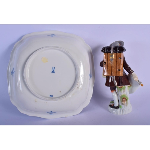40 - A MEISSEN PORCELAIN FIGURE OF A MAN Cris De Paris, together with a Meissen blue and white dish. Larg... 