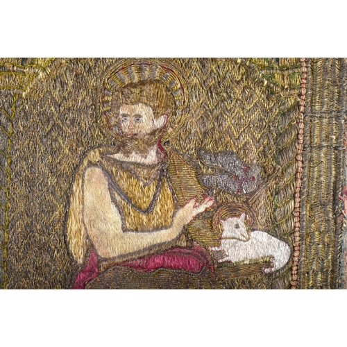 406 - A 17TH/18TH CENTURY EUROPEAN FRAMED EMBROIDERED GOLD THREAD PANEL depicting a male holding a lamb. 6... 
