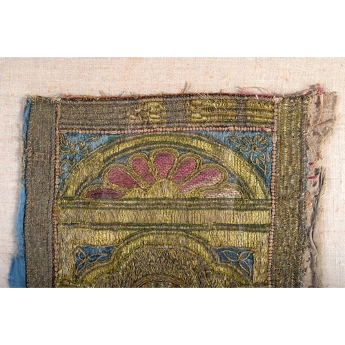 406 - A 17TH/18TH CENTURY EUROPEAN FRAMED EMBROIDERED GOLD THREAD PANEL depicting a male holding a lamb. 6... 