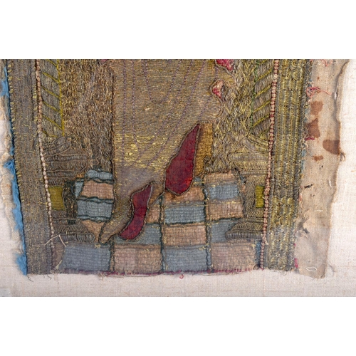 406 - A 17TH/18TH CENTURY EUROPEAN FRAMED EMBROIDERED GOLD THREAD PANEL depicting a male holding a lamb. 6... 