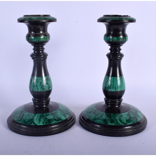 414 - A PAIR OF VICTORIAN MARBLE AND MALACHITE CANDLESTICKS. 20 cm high.
