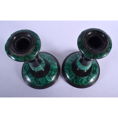 414 - A PAIR OF VICTORIAN MARBLE AND MALACHITE CANDLESTICKS. 20 cm high.