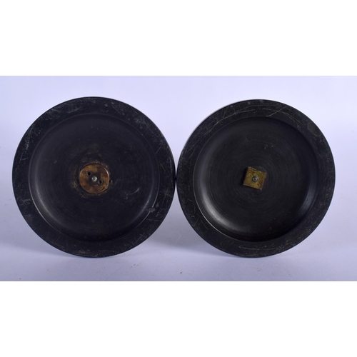 414 - A PAIR OF VICTORIAN MARBLE AND MALACHITE CANDLESTICKS. 20 cm high.