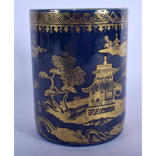 417 - A RARE 18TH CENTURY CHINESE EXPORT POWDER BLUE GROUND MUG Qianlong, gilded with landscapes. 14 cm x ... 