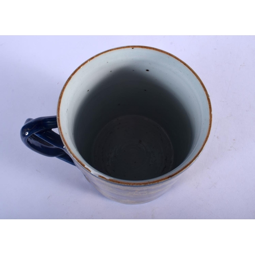 417 - A RARE 18TH CENTURY CHINESE EXPORT POWDER BLUE GROUND MUG Qianlong, gilded with landscapes. 14 cm x ... 