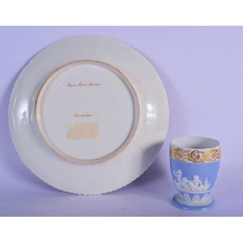 42 - A LATE 18TH CENTURY CHAMBERLAINS WORCESTER BOTANICAL PLATE together with a lavender ground beaker. L... 