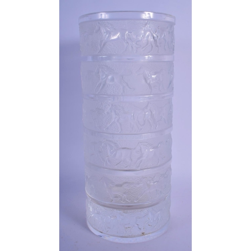 49 - A RARE FRENCH SEVRES CRYSTAL GLASS VASE decorated with bands of horses. 29 cm high.