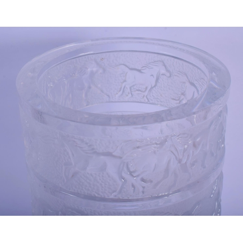 49 - A RARE FRENCH SEVRES CRYSTAL GLASS VASE decorated with bands of horses. 29 cm high.