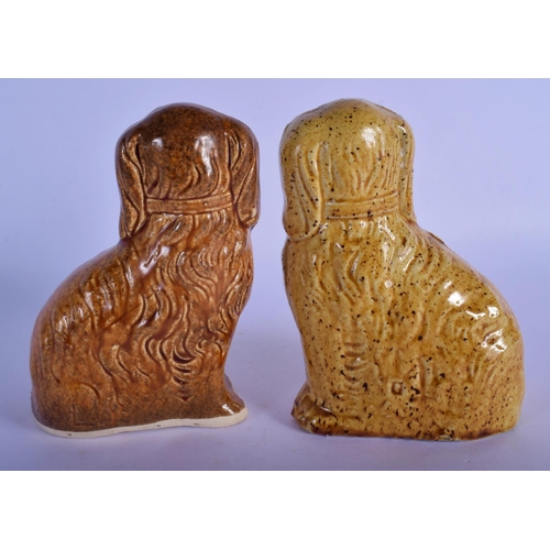 5 - A PAIR OF 19TH CENTURY ENGLISH TREACLE GLAZED POTTERY SPANIELS possibly Rockingham. 16 cm x 8 cm.