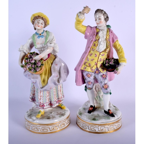 61 - 19TH C. CONTINENTAL QUALITY PAIR OF FIGURES AFTER 18TH C. MEISSEN, HE WITH A HAT AND SHE WITH A BASK... 
