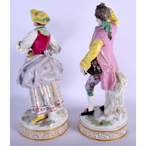 61 - 19TH C. CONTINENTAL QUALITY PAIR OF FIGURES AFTER 18TH C. MEISSEN, HE WITH A HAT AND SHE WITH A BASK... 