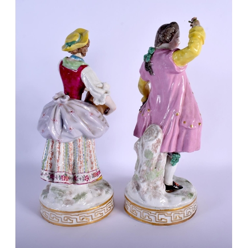 61 - 19TH C. CONTINENTAL QUALITY PAIR OF FIGURES AFTER 18TH C. MEISSEN, HE WITH A HAT AND SHE WITH A BASK... 