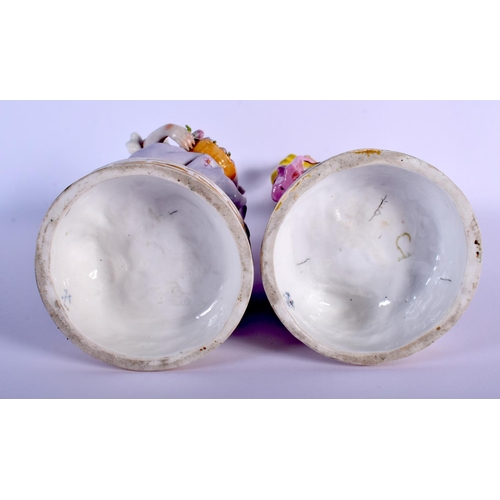 61 - 19TH C. CONTINENTAL QUALITY PAIR OF FIGURES AFTER 18TH C. MEISSEN, HE WITH A HAT AND SHE WITH A BASK... 
