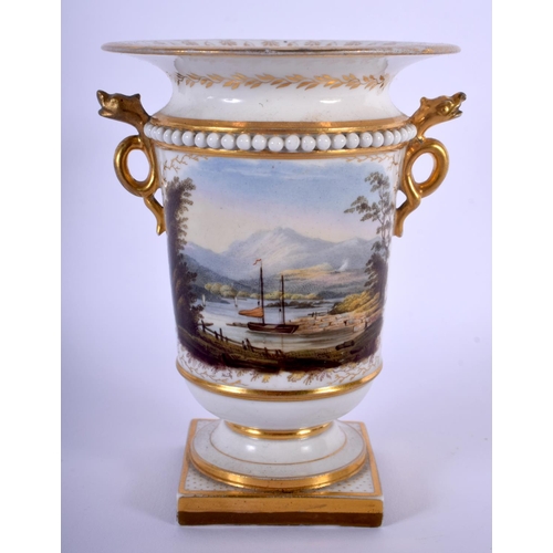 64 - EARLY 19TH C. FLIGHT BARR AND BARR WORCESTER FINE SPILL VASE WITH DRAGON HEAD HANDLES PAINTED WITH A... 