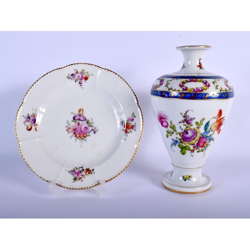 66 - 19TH C. BERLIN MOULDED PLATE PAINTED WITH FLOWERS AND A DRESDEN VASE  Vase 20cm high, Plate 17cm dia... 