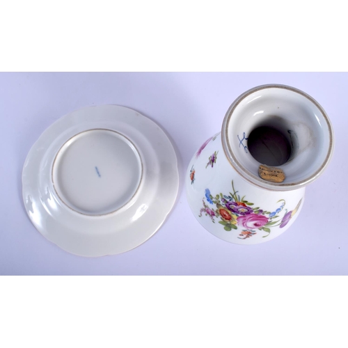 66 - 19TH C. BERLIN MOULDED PLATE PAINTED WITH FLOWERS AND A DRESDEN VASE  Vase 20cm high, Plate 17cm dia... 