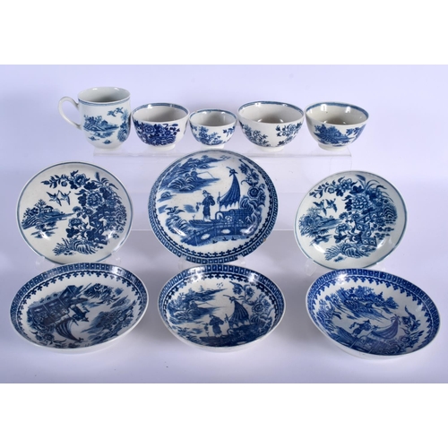 69 - 18TH C. WORCESTER FOUR TEABOWLS, A COFFEE CUP AND TWO SAUCERS IN FENCE PATTERN, TWO SAUCERS IN FISHE... 