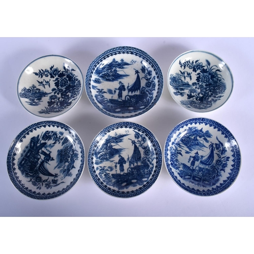 69 - 18TH C. WORCESTER FOUR TEABOWLS, A COFFEE CUP AND TWO SAUCERS IN FENCE PATTERN, TWO SAUCERS IN FISHE... 