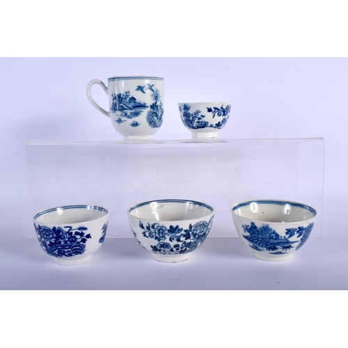 69 - 18TH C. WORCESTER FOUR TEABOWLS, A COFFEE CUP AND TWO SAUCERS IN FENCE PATTERN, TWO SAUCERS IN FISHE... 