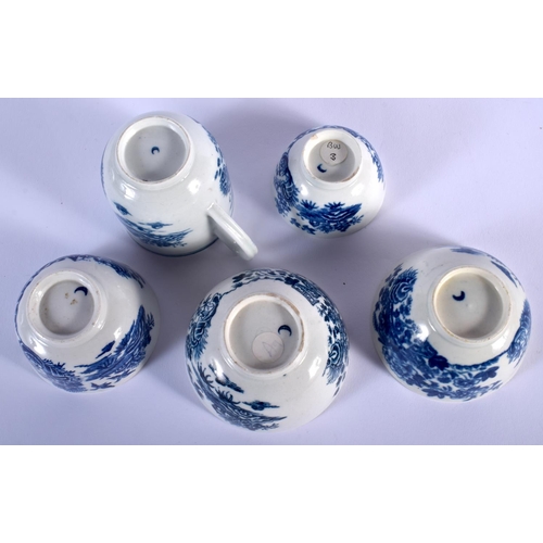 69 - 18TH C. WORCESTER FOUR TEABOWLS, A COFFEE CUP AND TWO SAUCERS IN FENCE PATTERN, TWO SAUCERS IN FISHE... 