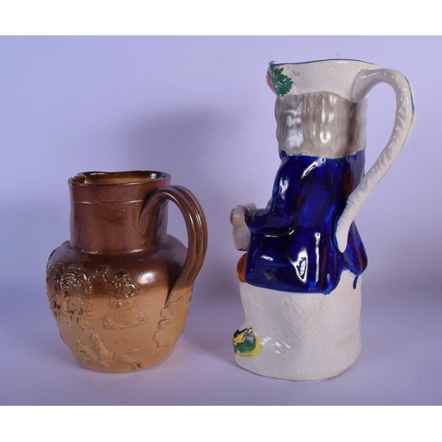 7 - A RARE LARGE 19TH CENTURY ENGLISH HOME BREWED ALE CHARACTER JUG together with a stoneware jug. Large... 