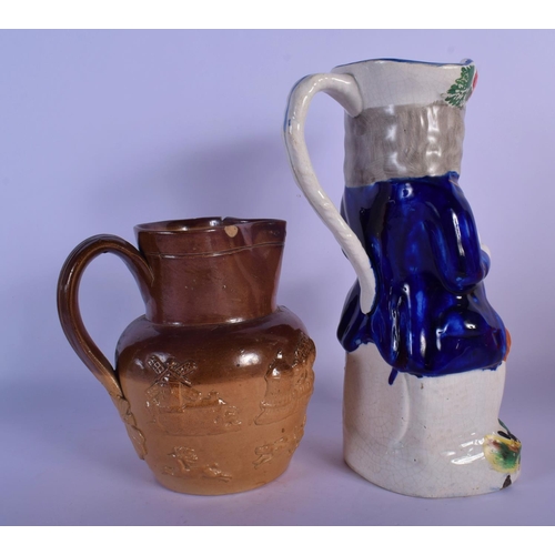 7 - A RARE LARGE 19TH CENTURY ENGLISH HOME BREWED ALE CHARACTER JUG together with a stoneware jug. Large... 