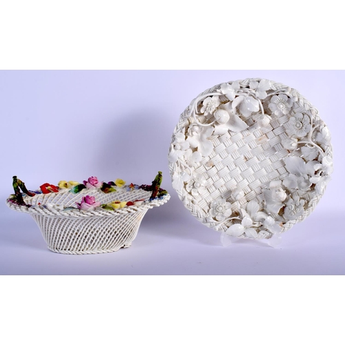 75 - LATE 19TH C. DERBY WOVEN BASKET MOULDED WITH FRUIT AND AN ENGLISH PORCELAIN BASKET WITH APPLIED COLO... 