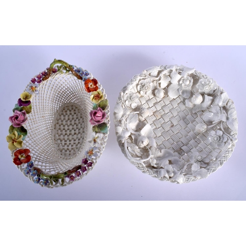 75 - LATE 19TH C. DERBY WOVEN BASKET MOULDED WITH FRUIT AND AN ENGLISH PORCELAIN BASKET WITH APPLIED COLO... 