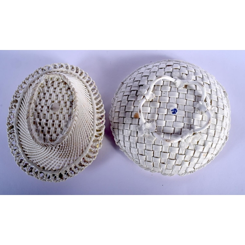 75 - LATE 19TH C. DERBY WOVEN BASKET MOULDED WITH FRUIT AND AN ENGLISH PORCELAIN BASKET WITH APPLIED COLO... 