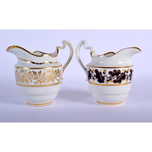 78 - 18TH C. FLIGHT BARR WORCESTER CREAM JUGS ONE WITH BROWN LEAVES AND THE OTHER WITH ELABORATE GILT DEC... 