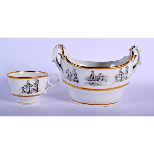 84 - 19TH C. BARR FLIGHT AND BARR WORCESTER TEACUP AND SAUCER BAT PRINTED WITH COUNTRY FOLK AND A BOAT-SH... 